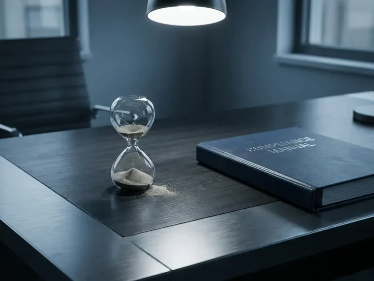 Gebrochene Sanduhr mit leerem Sand auf einem Unternehmensschreibtisch neben einem ungeöffneten Compliance-Ordner, scharfes Spotlight.