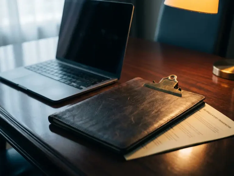 Ledergebundenes Klemmbrett auf dunklem Konferenztisch neben halbgeöffnetem Laptop und EU-Regulierungsdokument im warmen Lampenlicht.