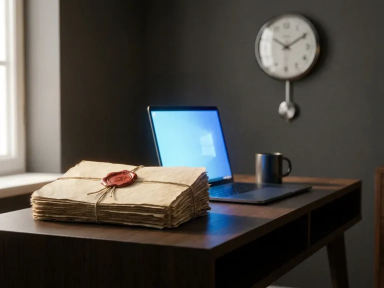 Stapel offizieller Compliance-Dokumente mit rotem Stempel auf modernem Büroschreibtisch, daneben aufgeklappter Laptop und Wanduhr im Hintergrund.