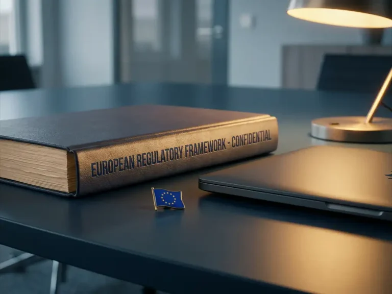 Dickes EU-Regulierungsdokument auf dunklem Konferenztisch neben geschlossenem Laptop und EU-Flaggen-Pin.