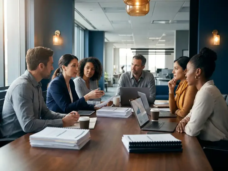 Diverse Fachleute aus IT, Recht, Finanzen und Betrieb diskutieren Compliance-Dokumente am Konferenztisch im modernen Büro.