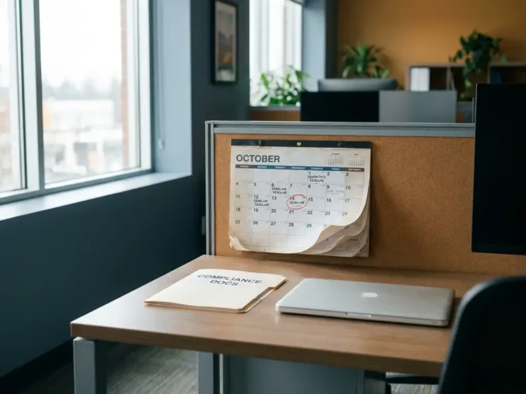 Wandkalender aufgeschlagen auf einem Fristenmonat, daneben Laptop und Compliance-Ordner auf modernem Schreibtisch im IT-Büro.