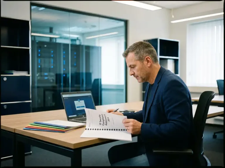 IT-Sicherheitsberater prüft Compliance-Dokument am modernen Schreibtisch, Laptop und Ordner daneben, Serverraum im Hintergrund.