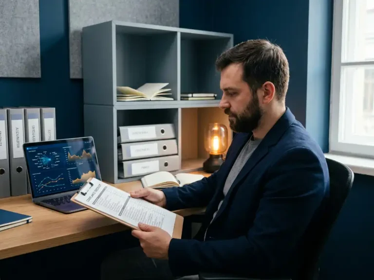 IT-Sicherheitsfachkraft prüft Compliance-Checkliste auf Klemmbrett, daneben Serverdokumentation und Laptop mit Netzwerkdiagrammen im modernen Büro.