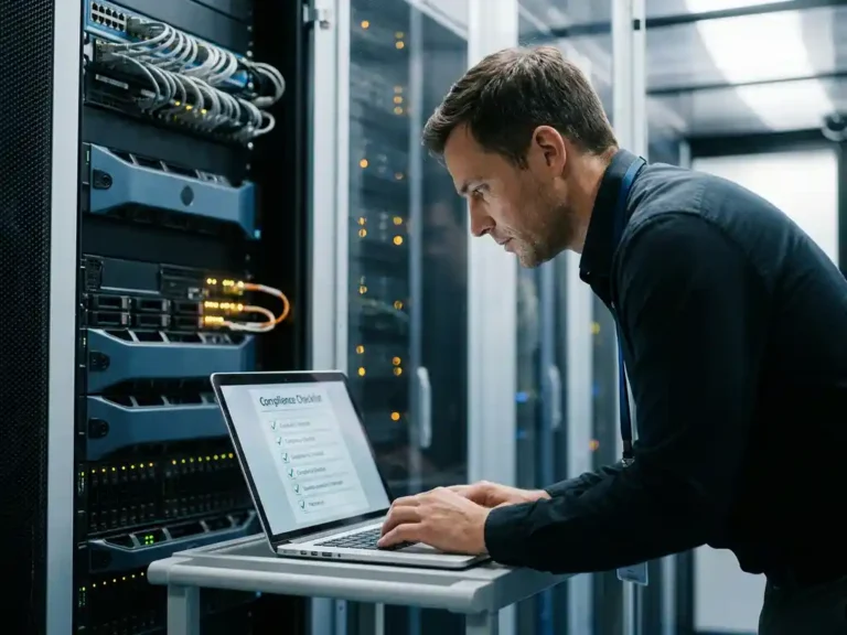 IT-Sicherheitsfachmann prüft Compliance-Checkliste auf Laptop in modernem Serverraum mit Netzwerkkabeln und Rack-Hardware im Hintergrund.