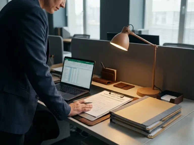 Beschaffungsmanager prüft Lieferanten-Audit-Checkliste auf Klemmbrett am Schreibtisch mit Laptop und Ordnern.