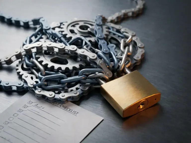 Metallische Lieferkettenglieder laufen auf ein gesichertes Schloss zusammen, darunter ein Audit-Checklisten-Dokument auf gebürstetem Stahl.