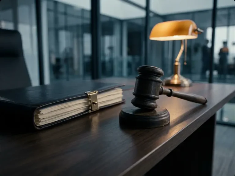 Holzhammer liegt neben einem Compliance-Ordner auf dunklem Schreibtisch in modernem Büro.