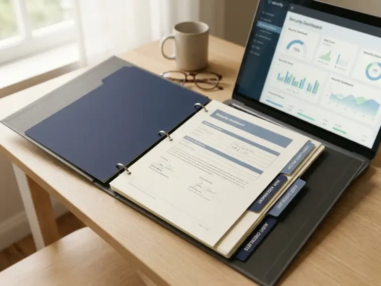 Geöffneter Compliance-Ordner mit signierten Checklisten auf einem Schreibtisch, Laptop mit Security-Dashboard im Hintergrund.