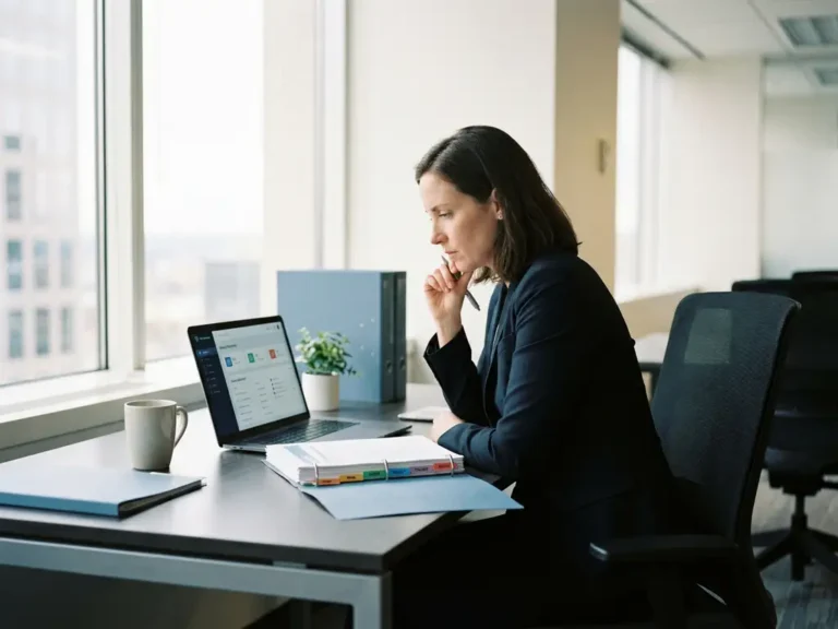 IT-Sicherheitsberater prüft Compliance-Dokument am modernen Schreibtisch mit Laptop und strukturiertem Ordner im Büro.
