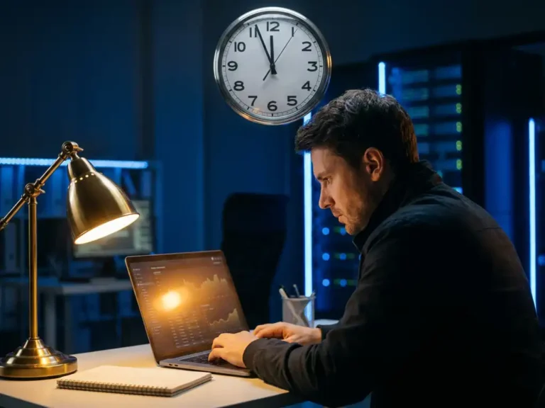 Sicherheitsexperte analysiert dringend einen Incident-Report auf dem Laptop, Wanduhr im Hintergrund signalisiert Zeitdruck im modernen IT-Büro.
