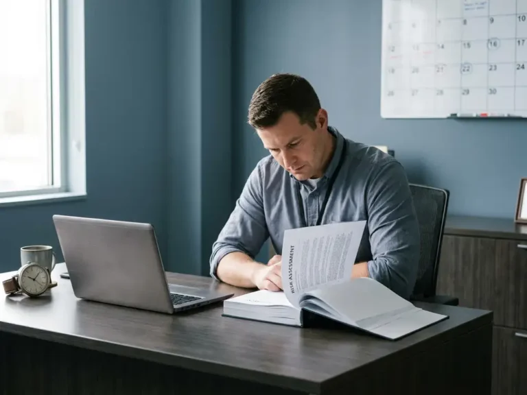 Sicherheitsexperte prüft Risikobewertungsdokument am Schreibtisch, analoguhr und Laptop daneben, modernes Büro in Blau- und Anthrazittönen.