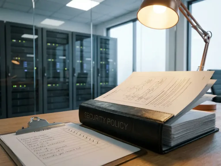 Aufgeschlagenes Sicherheitsrichtlinien-Handbuch auf einem Büroschreibtisch neben einer Checkliste, mit Serverrack im Hintergrund.