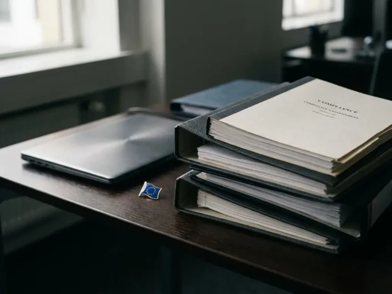 Gestapelte Compliance-Dokumente und Sicherheitsrichtlinien-Ordner auf dunklem Schreibtisch neben zugeklapptem Laptop und EU-Flaggen-Pin.