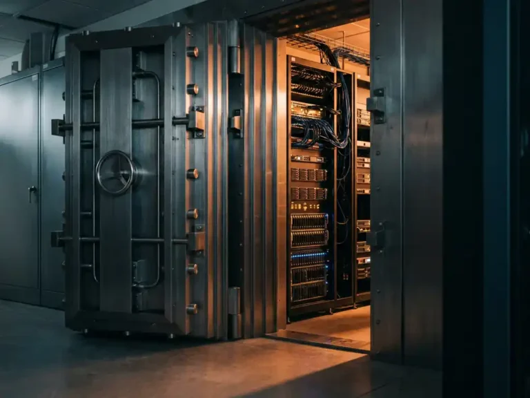 Leicht geöffnete Stahltresor-Tür in einem Serverraum mit Rack-Hardware und Kabeln, beleuchtet von warmem Bernstein-Sicherheitslicht.